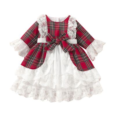 Toddler Girls Christmas Skirt Long Sleeve Lace Patchwork Plaid Bowknot Princess Dress Xmas Party (Red, 18-24 Months)