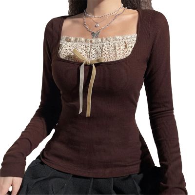 Fairy Grunge Shirts for Women Y2K Tops Long Sleeve Lace Patchwork Tees Teen Girls Vintage Slim Blouse Fall Clothes (F Brown, L)