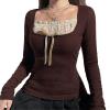 Fairy Grunge Shirts for Women Y2K Tops Long Sleeve Lace Patchwork Tees Teen Girls Vintage Slim Blouse Fall Clothes (F Brown, L) view 1