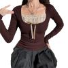 Fairy Grunge Shirts for Women Y2K Tops Long Sleeve Lace Patchwork Tees Teen Girls Vintage Slim Blouse Fall Clothes (F Brown, L) view 2