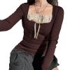 Fairy Grunge Shirts for Women Y2K Tops Long Sleeve Lace Patchwork Tees Teen Girls Vintage Slim Blouse Fall Clothes (F Brown, L) view 3