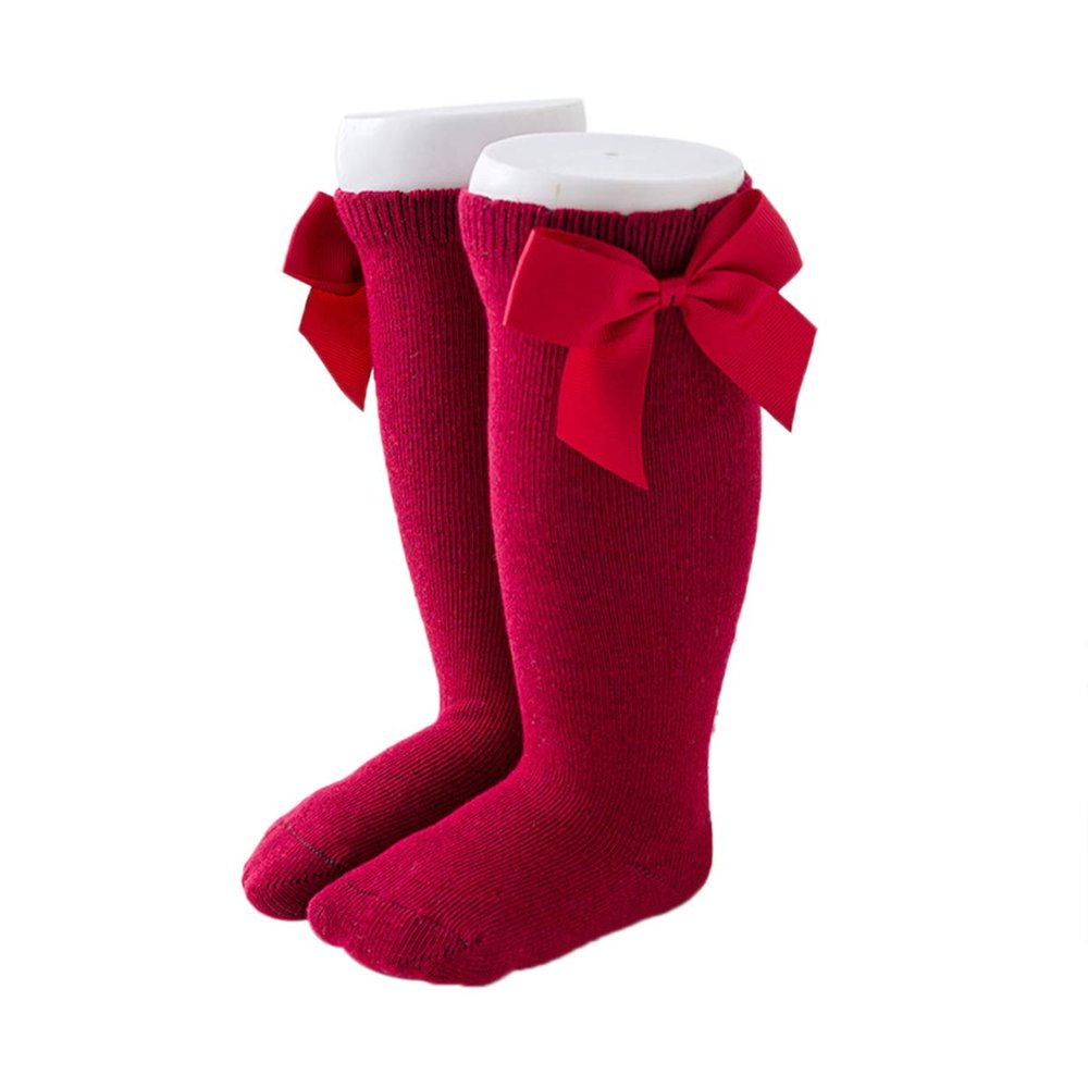 BULINGNA Toddler Infant Baby Girl Princess Bowknot Stockings Solid Color Ruffled Knee High Socks Tube School Uniform Leggings (Wine red, 3-5T)