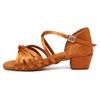 JUODVMP Girl's Latin Dance Shoes Brown Satin Low Heel 1.1" Ballroom Salsa Dance Practice Performance Shoes,Model 203, 4 M US Big Kid view 1