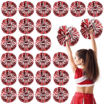 Yunsailing 24 Pack Cheerleading Pom Poms with Baton Handle 14.5 Inch Metallic Cheering Squad Pompoms for Team Sports Football Dance Cheering Adults(Red and Silver)