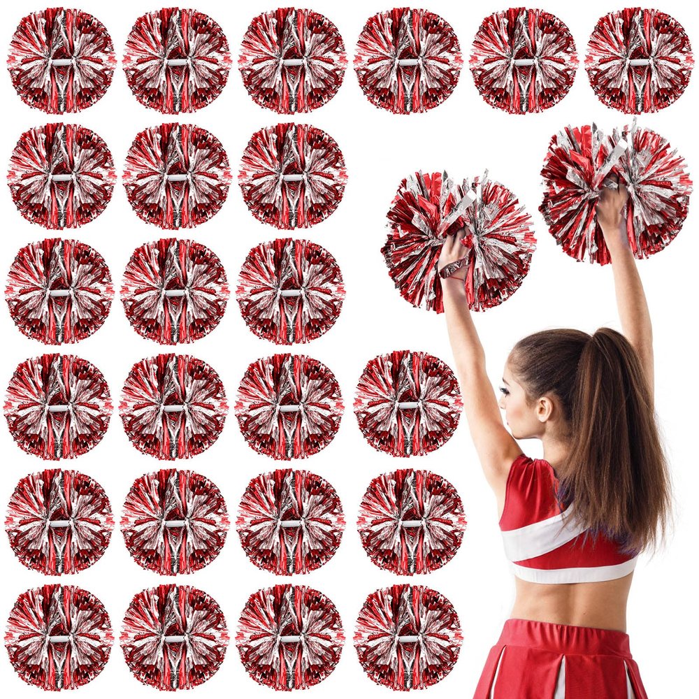 Yunsailing 24 Pack Cheerleading Pom Poms with Baton Handle 14.5 Inch Metallic Cheering Squad Pompoms for Team Sports Football Dance Cheering Adults(Red and Silver)