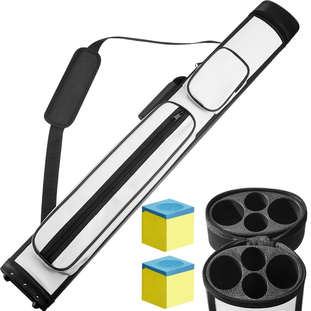 Deekin 2 x 2 Hard Oval Pool Cue Billiard Stick Carrying Case with 4 Holes and 2 Pieces Pool Chalk Cubes(White)