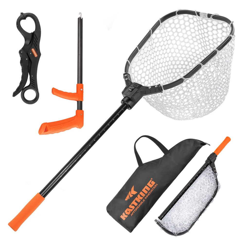 KastKing Brutus Fishing Net Combo - Foldable Extendable Net, Lightweight & Portable with Fish Hook Remover and Fish Lip Gripper, SIL-M