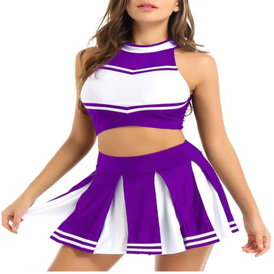 Hansber Women's Cheer Leader Costume Zip Back Crop Top with Pleated Mini Skirt Cheerleading Outfits Halloween Cosplay Costume Purple X-Large