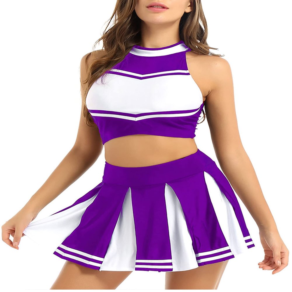 Hansber Women's Cheer Leader Costume Zip Back Crop Top with Pleated Mini Skirt Cheerleading Outfits Halloween Cosplay Costume Purple X-Large