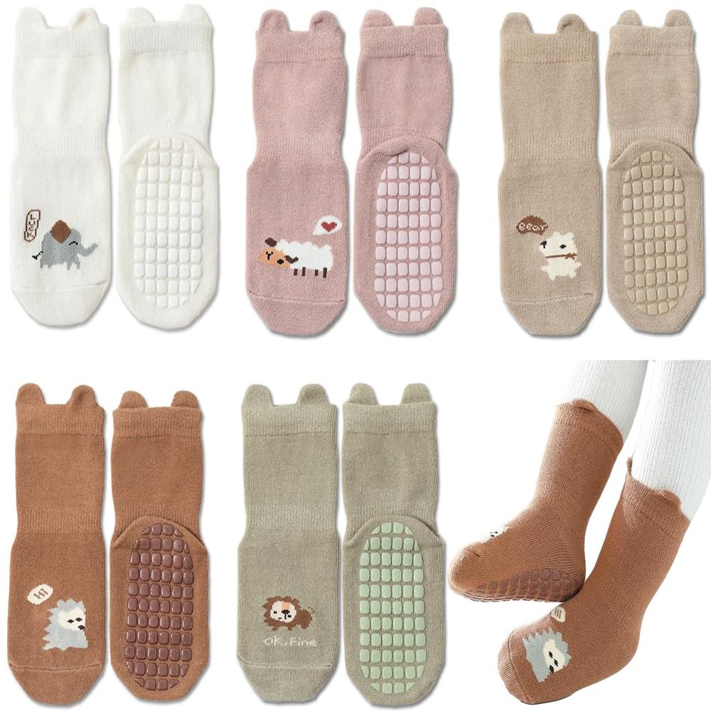 Exegawe Toddler Non Slip Socks, Cute Baby Socks with Grips Crew Socks 5 Pairs(E-5 Mix Colors,M)