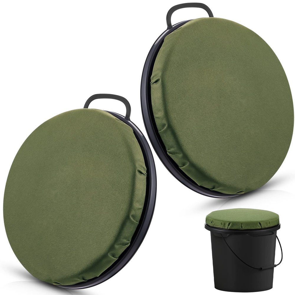 Lewtemi 2 Pcs 5 Gallon Bucket Seat 360 Degree Swivel Lid with 2" Thick Green Padded Cushion Lid with Waterproof Cover, Ideal for Winter Ice Fishing, Waterfowl Hunting, Camping and Outdoor Activities