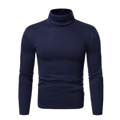 Maiyifu-GJ Mens Basic Fleece Turtleneck Pullover Top Solid Slim Fit Long Sleeve Thermal T-Shirts Casual Lightweight Sweaters (Dark Blue 2,Large)