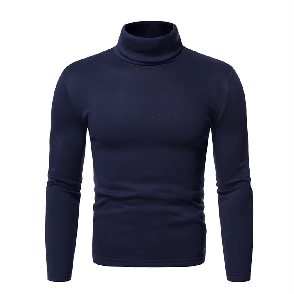 Maiyifu-GJ Mens Basic Fleece Turtleneck Pullover Top Solid Slim Fit Long Sleeve Thermal T-Shirts Casual Lightweight Sweaters (Dark Blue 2,Large)