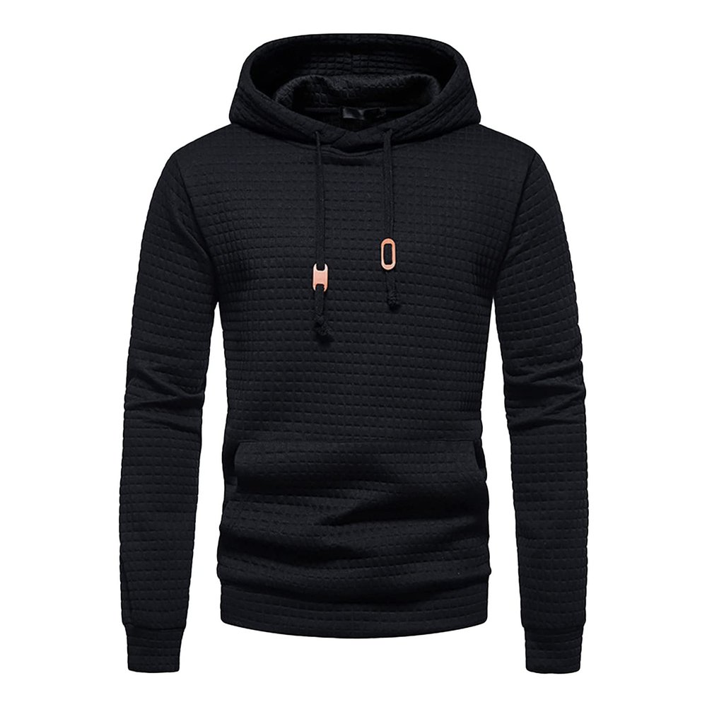 Maiyifu-GJ Men Plaid Jacquard Pullover Hoodies Hipster Lightweight Hooded Sweatshirts Long Sleeve Drawstring Hoodie Outwear (Black,Large)