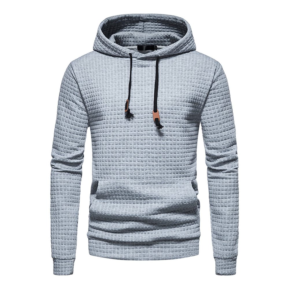 Maiyifu-GJ Men Plaid Jacquard Pullover Hoodies Hipster Lightweight Hooded Sweatshirts Long Sleeve Drawstring Hoodie Outwear (Light Grey,XX-Large)