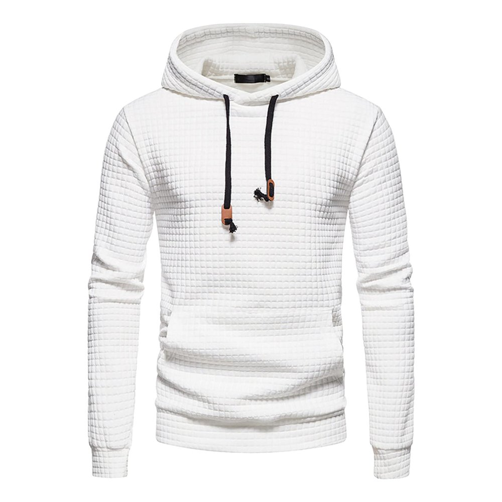 Maiyifu-GJ Men Plaid Jacquard Pullover Hoodies Hipster Lightweight Hooded Sweatshirts Long Sleeve Drawstring Hoodie Outwear (White,Small)