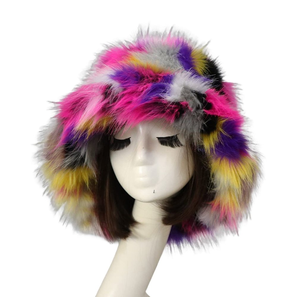 Altsuceser Furry Bucket Hat, Winter Faux Fur Warmer Fisherman Cap Fluffy Wide Brim Bucket Hats Purple