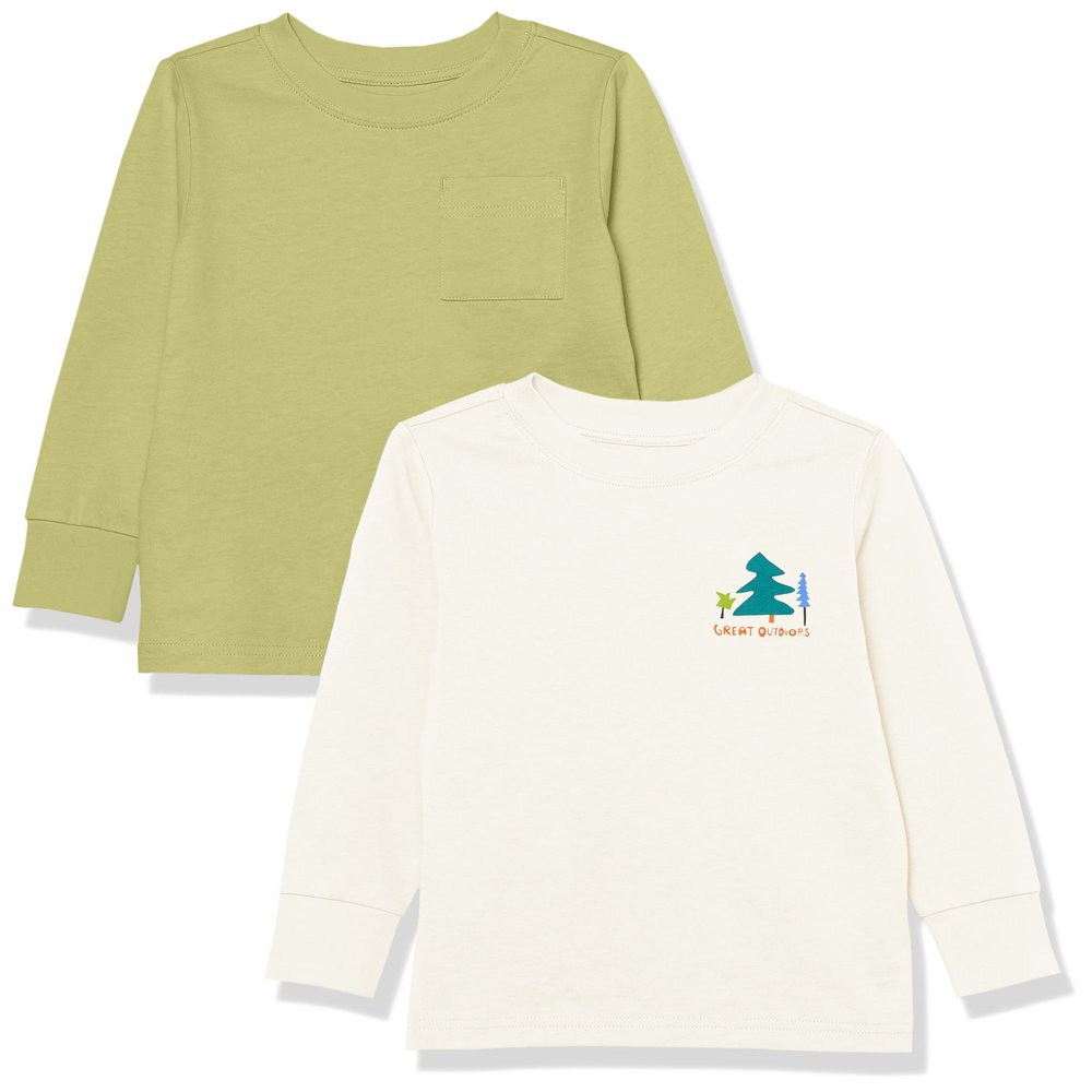 Amazon Essentials Unisex Kids' Long-Sleeve Rib Cuff T-Shirt, Pack of 2, Light Olive/Off-white Great Outdoors, X-Large