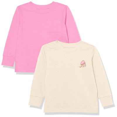 Amazon Essentials Unisex Kids' Long-Sleeve Rib Cuff T-Shirt, Pack of 2, Cream Jellyfish/Pink, X-Small