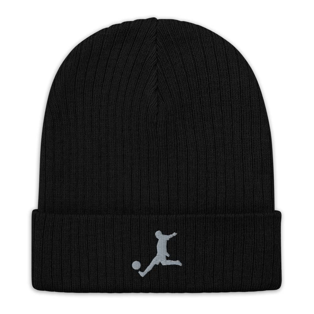 Soccer Beanie, Embroidered Ribbed Knit Beanie, Soccer Beanie for Men, Soccer Gifts for Team, Coach, Players. Black