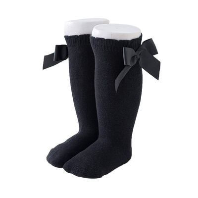 BULINGNA Toddler Infant Baby Girl Princess Bowknot Stockings Solid Color Ruffled Knee High Socks Tube School Uniform Leggings (Black, 5-7 Years)