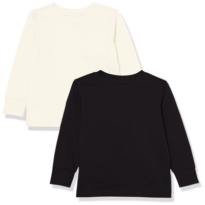 Amazon Essentials Unisex Kids' Long-Sleeve Organic Cotton Rib Cuff T-Shirt, Pack of 2, Black/Ivory, Large