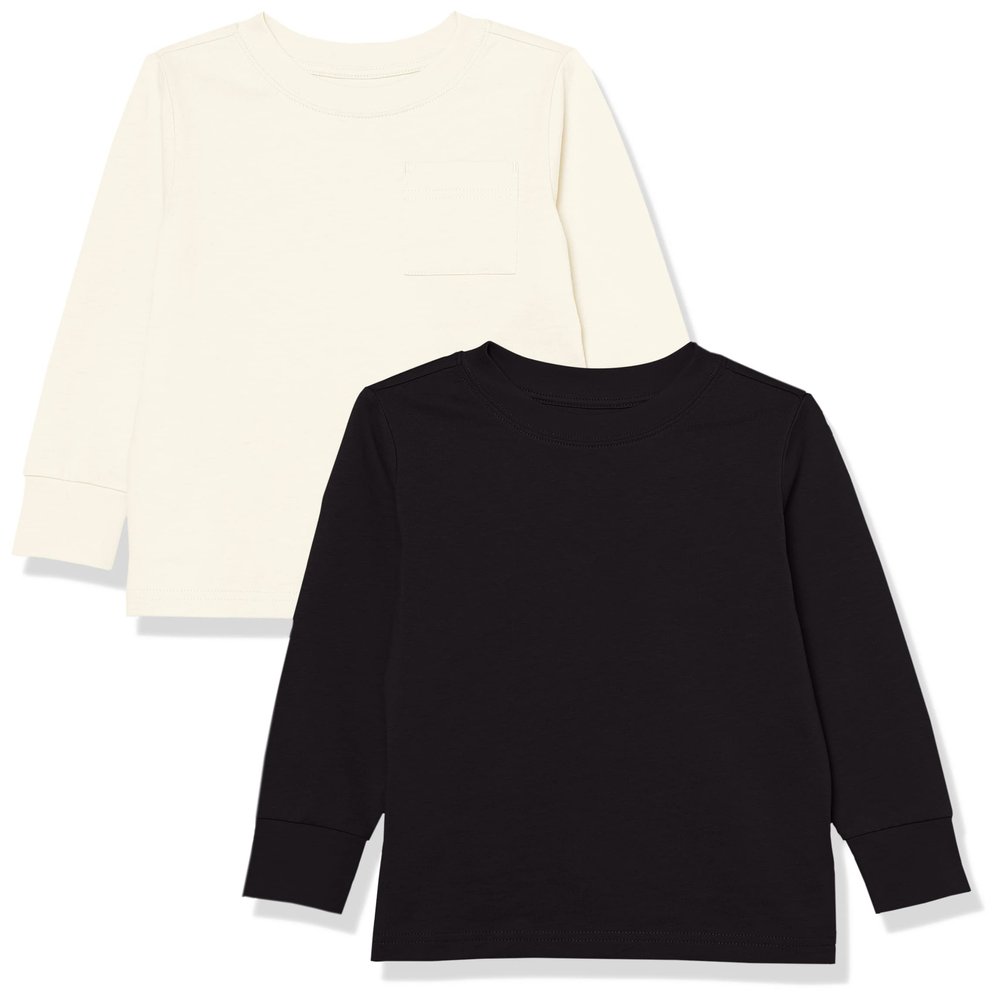 Amazon Essentials Unisex Kids' Long-Sleeve Organic Cotton Rib Cuff T-Shirt, Pack of 2, Black/Ivory, Large