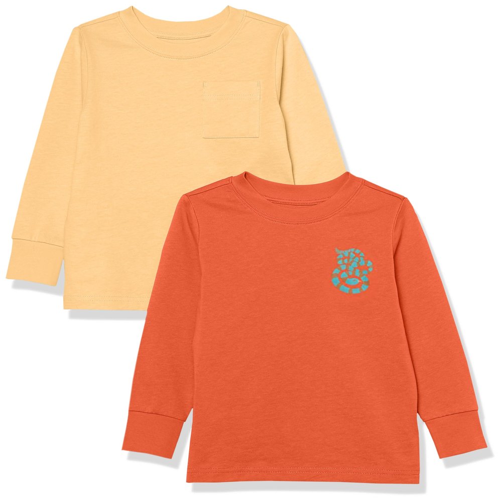 Amazon Essentials Unisex Kids' Long-Sleeve Rib Cuff T-Shirt, Pack of 2, Light Orange/Melon Orange Snake, Medium