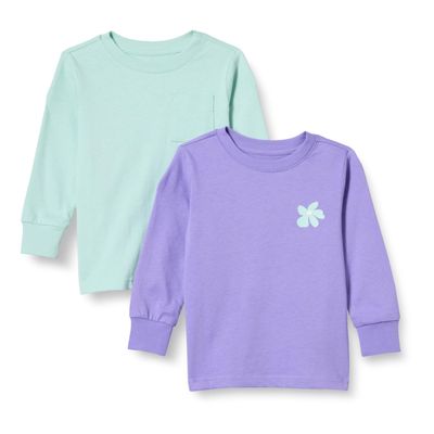 Amazon Essentials Unisex Child Long-Sleeve Rib Cuff T-Shirt, Pack of 2, Mint Green, Growing Flowers, 3T