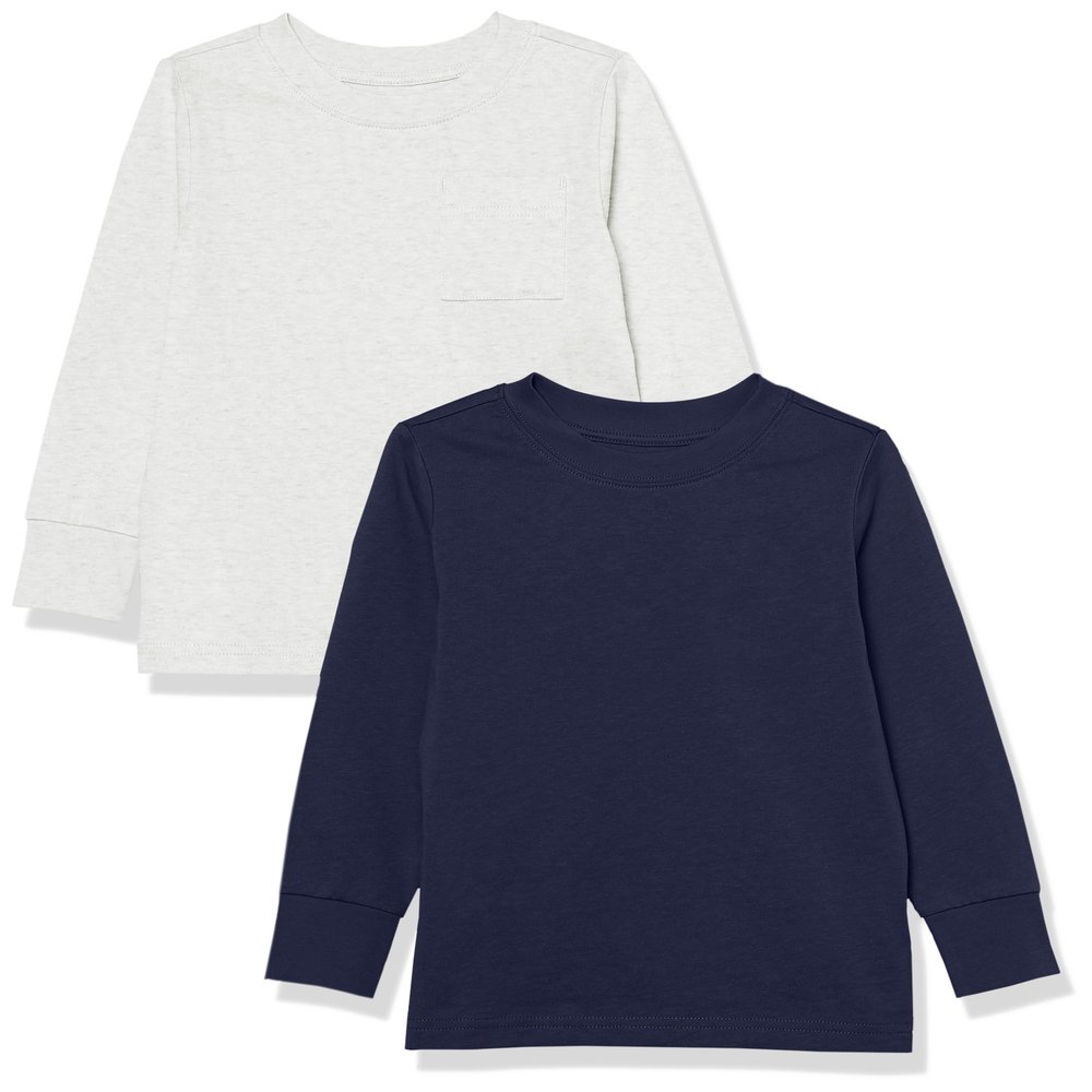 Amazon Essentials Unisex Kids' Long-Sleeve Rib Cuff T-Shirt, Pack of 2, Dark Navy/Grey Heather, Medium