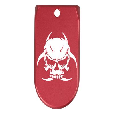 NDZ Performance Magazine Base Plate Finger Extension for Sig Sauer P365X P365 XL 9MM Laser Engraved Anodized Aluminum in Red - Skull Biohazard 1