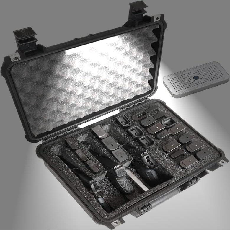 Case Club 3 Pistol & Accessory & Up to 26 Magazines Pre-Cut Waterproof Case with Silica Gel to Help Prevent Gun Rust (Lighted)