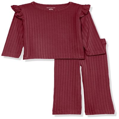 Amazon Essentials Toddler Girls' Wide-Rib Outfit Set, Pack of 2, Dark Red, 3T