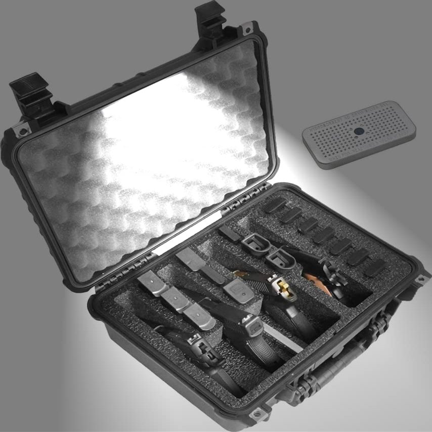 Case Club 4 Pistol and 20 Magazine Pre-Cut Heavy Duty Waterproof Case with Included Silica Gel Canister to Help Prevent Gun Rust (Lighted)