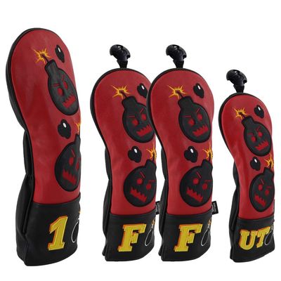 Craftsman Golf Driver Headcover Embroidery Bomb, 4pcs Red and Black PU Leather Golf Head Covers for Driver Fairway Woods Hybrids (4pcs(1,F,F,UT)