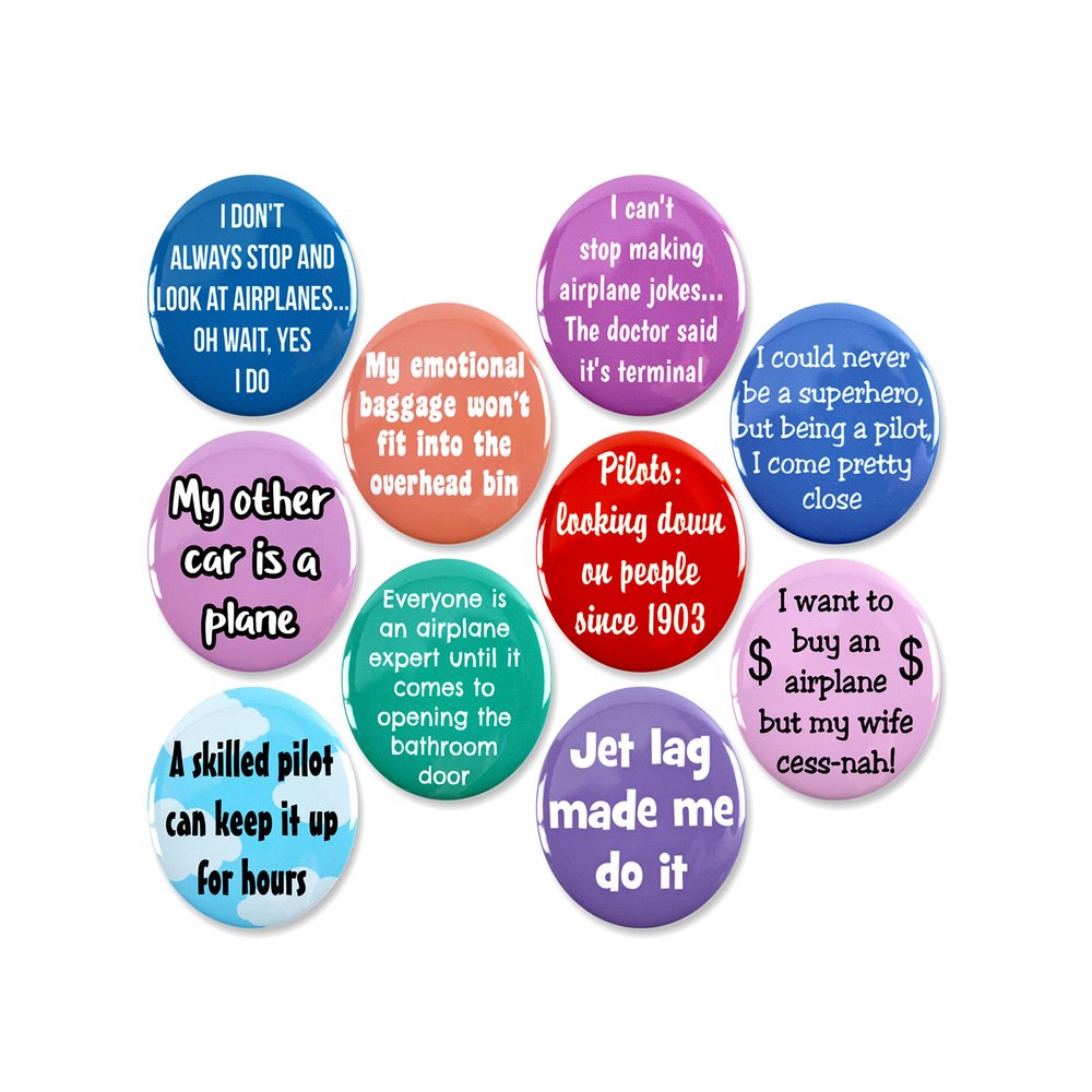 10 Pack - Airplane Humor Pinback Button Badges - 2.25 Inch
