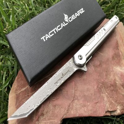 TACTICAL GEARZ Damascus Pocket Knife for EDC, Stainless Steel Handle, 67 Multi Layered Damascus Steel Tanto Blade, (Kraz XT)