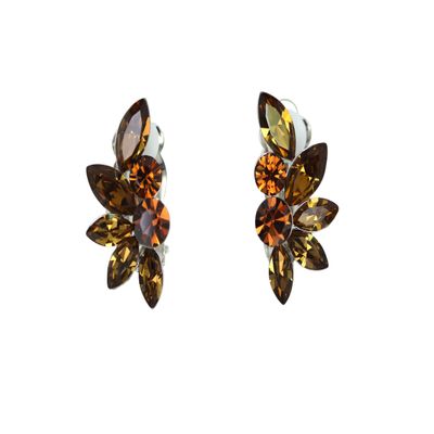Faship Chocolate Brown Rhinestone Crystal Floral Clip Ons Earrings - Chocolate Brown/Silver Tone