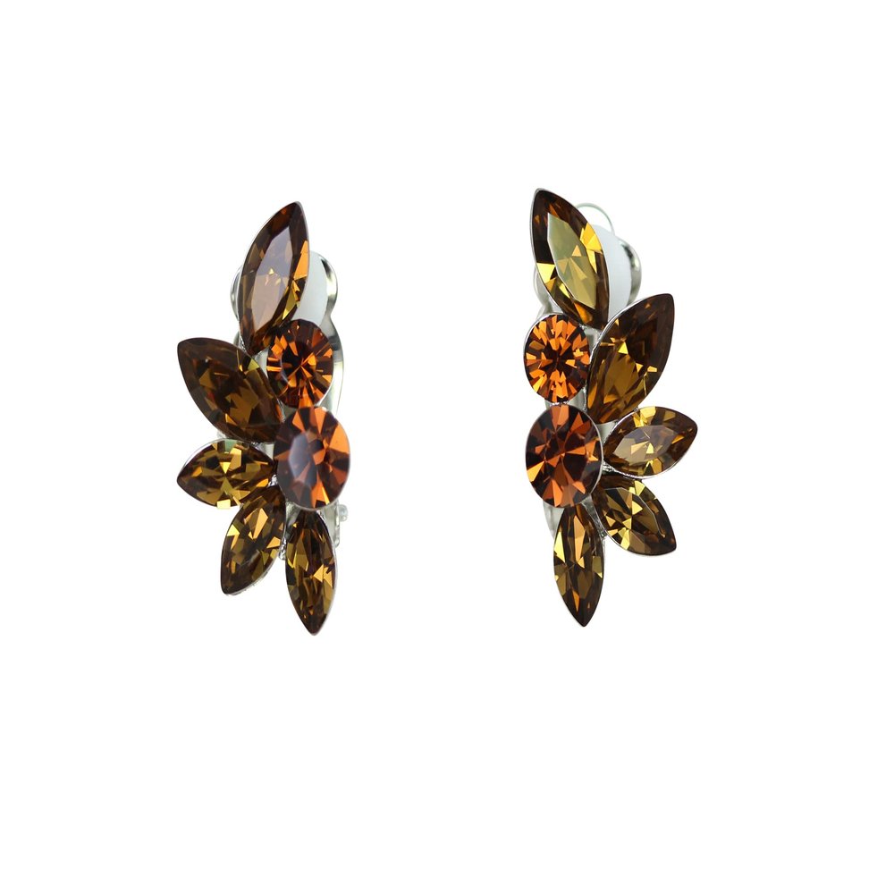 Faship Chocolate Brown Rhinestone Crystal Floral Clip Ons Earrings - Chocolate Brown/Silver Tone