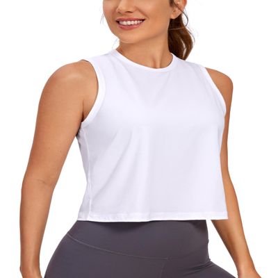 CRZ YOGA Pima Cotton High Neck Cropped Tank Tops for Women Soft Crop Workout Athletic Yoga Basic Sleeveless Shirts White Large