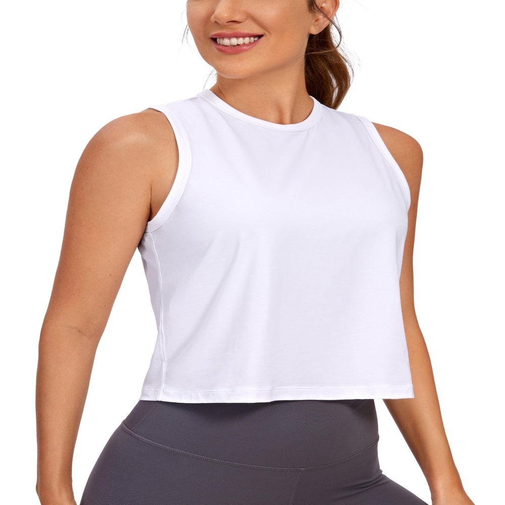 CRZ YOGA Pima Cotton High Neck Cropped Tank Tops for Women Soft Crop Workout Athletic Yoga Basic Sleeveless Shirts White Large