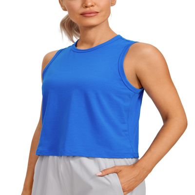 CRZ YOGA Pima Cotton High Neck Cropped Tank Tops for Women Soft Crop Workout Athletic Yoga Basic Sleeveless Shirts Strong Blue Small