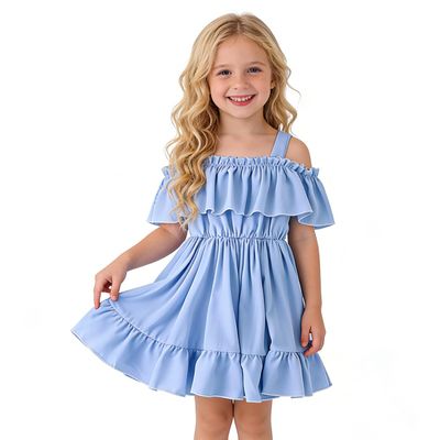 AGQT Little Girls Chiffon Dress Summer Beachwear Sundress Off Shoulder Princess Suspender Ruffle Tunic Dress Blue Size 5-6T