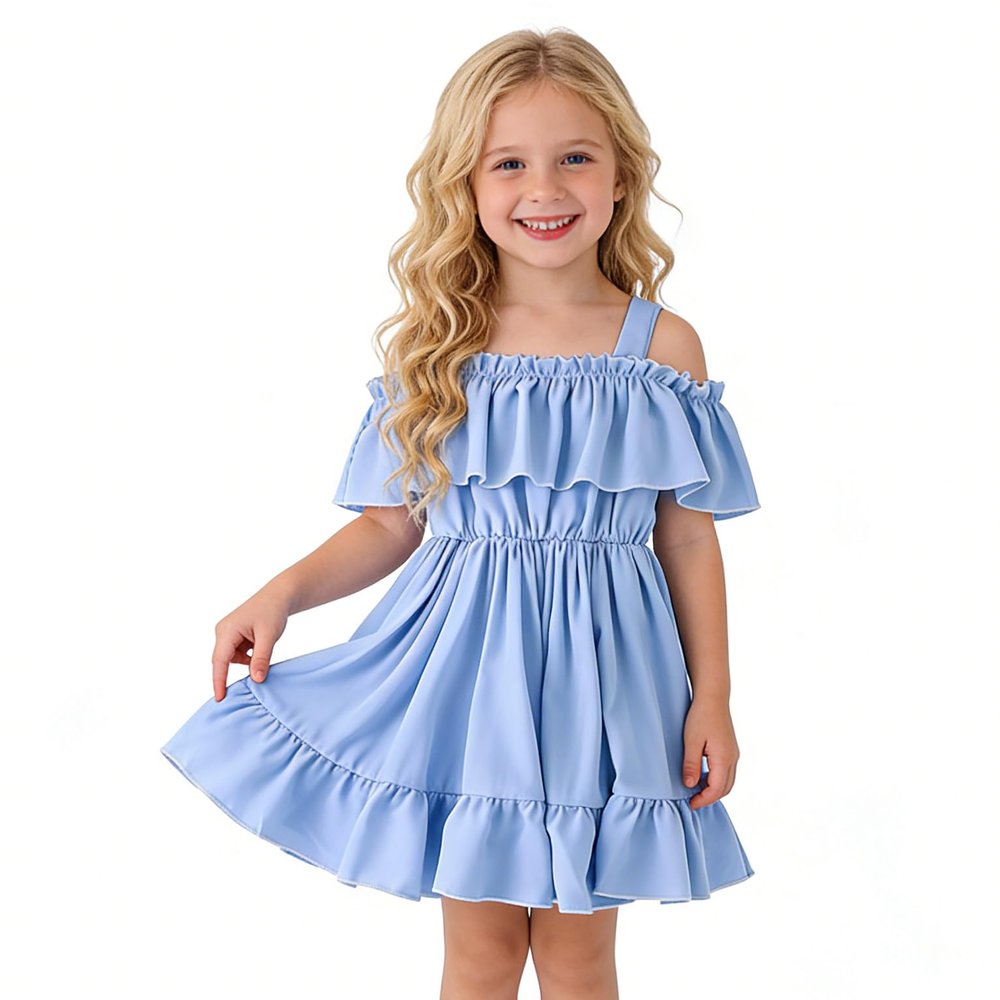 AGQT Little Girls Chiffon Dress Summer Beachwear Sundress Off Shoulder Princess Suspender Ruffle Tunic Dress Blue Size 5-6T