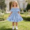 AGQT Little Girls Chiffon Dress Summer Beachwear Sundress Off Shoulder Princess Suspender Ruffle Tunic Dress Blue Size 5-6T view 2