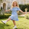 AGQT Little Girls Chiffon Dress Summer Beachwear Sundress Off Shoulder Princess Suspender Ruffle Tunic Dress Blue Size 5-6T view 3