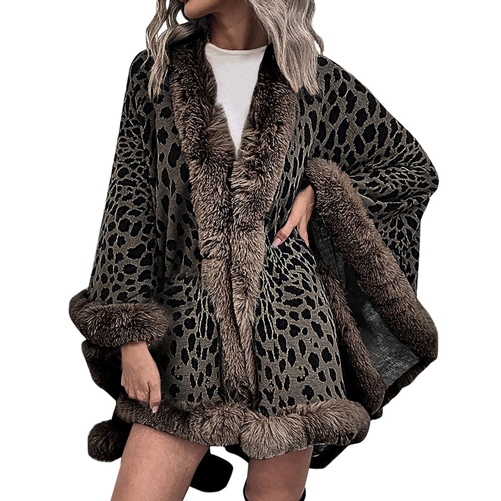 XUNRYAN Women's Cardigan Open Front Shawl Cape Cloak Winter Warm Faux Fur Trim Poncho Cape Wrap Shawl Coat for Evening