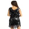 Nikiikoo Women's Sparkly Sequins Tassels Fringe Sleeveless Leotard Dress Latin Tango Samba Dance Wear Black Medium view 3
