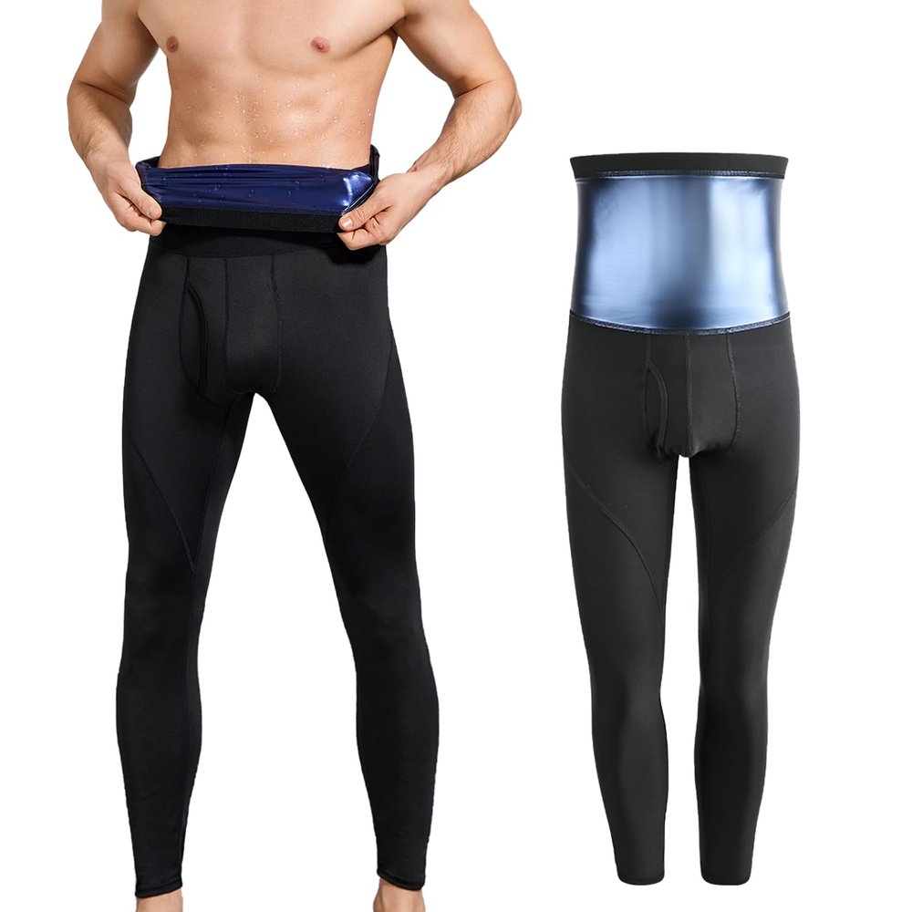Akkad Kuti Sauna Sweat Pants for Men Compression Workout Leggings Tummy Control Shapewear High Waist (Sauna Pants Blue,L)