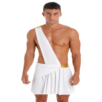 Freebily Men Toga Greek Costume Adult Party Toga Caesar Roman Costume One Shoulder Strap Suspender Ruffle Skirt White 3X-Large